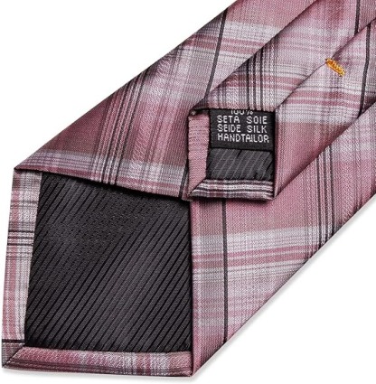 Men's Solid Color Tie and Pocket Square Set,Pink Plaid