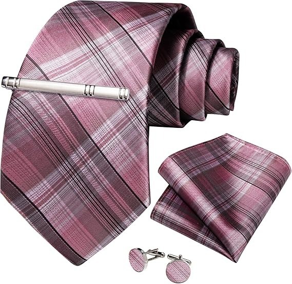 Men's Solid Color Tie and Pocket Square Set,Pink Plaid