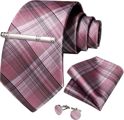 Men's Solid Color Tie and Pocket Square Set,Pink Plaid