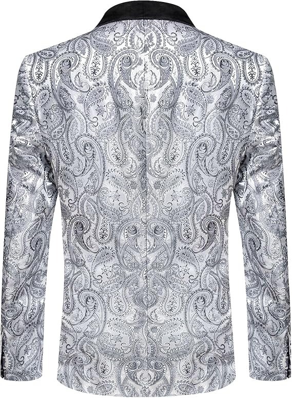 Men's Blazer One Button Shawl Lapel Tuxedo,Silver Grey Paisley