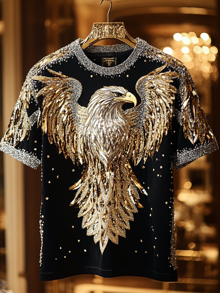 Men's Eagle Sequin Business Print Short Sleeve T-Shirt