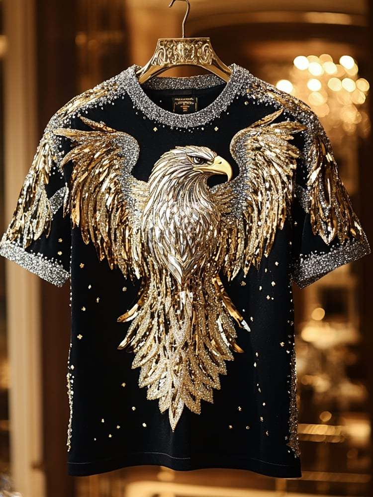 Men's Eagle Sequin Business Print Short Sleeve T-Shirt