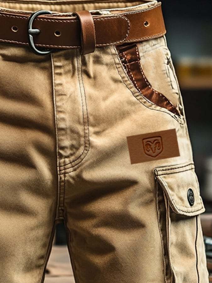 Men's Vintage Outdoor Pocket Functional Leather Stitching Cargo Shorts (without belt)