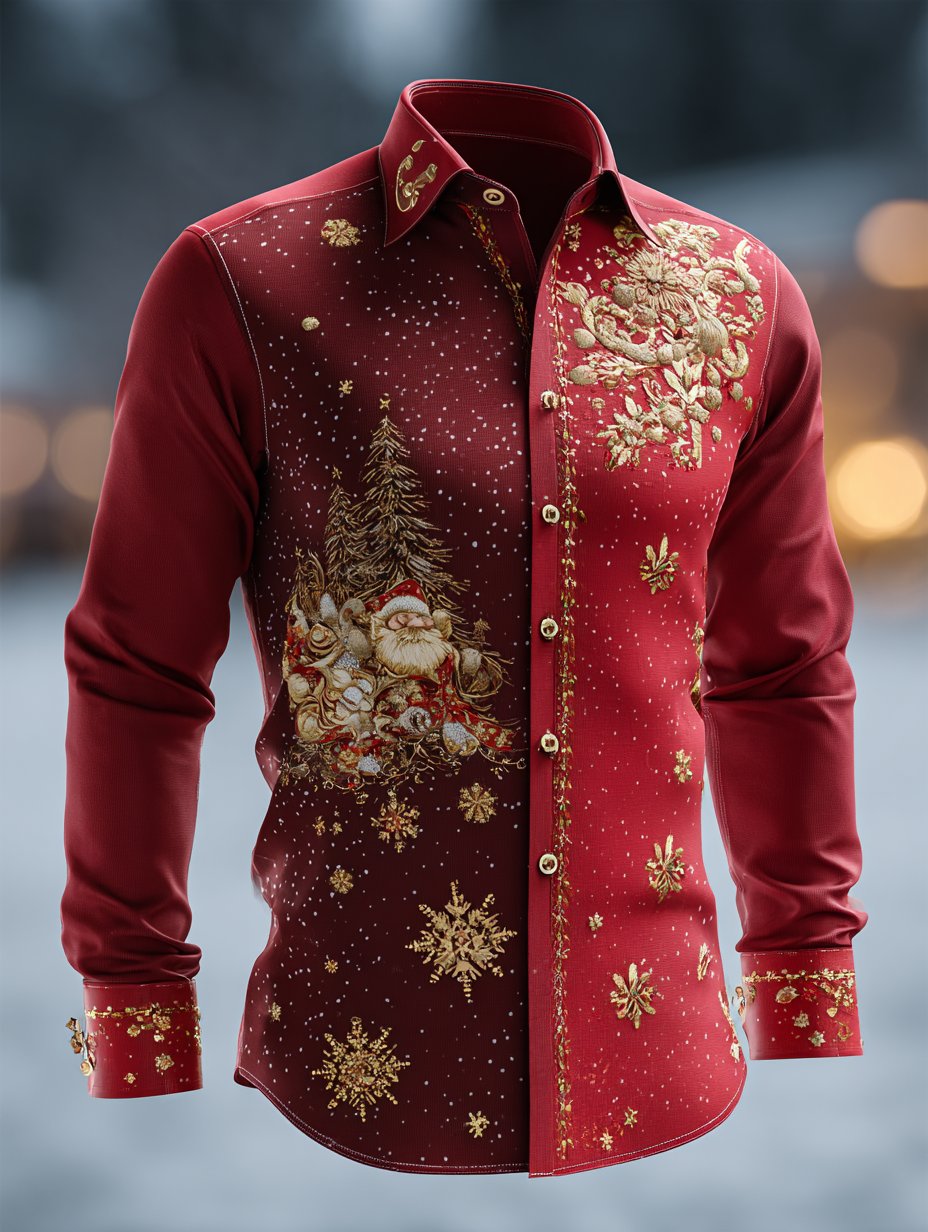 Men's Business Luxury Vintage Santa Claus Evergreen Pine Snowflake Long Sleeve Shirt