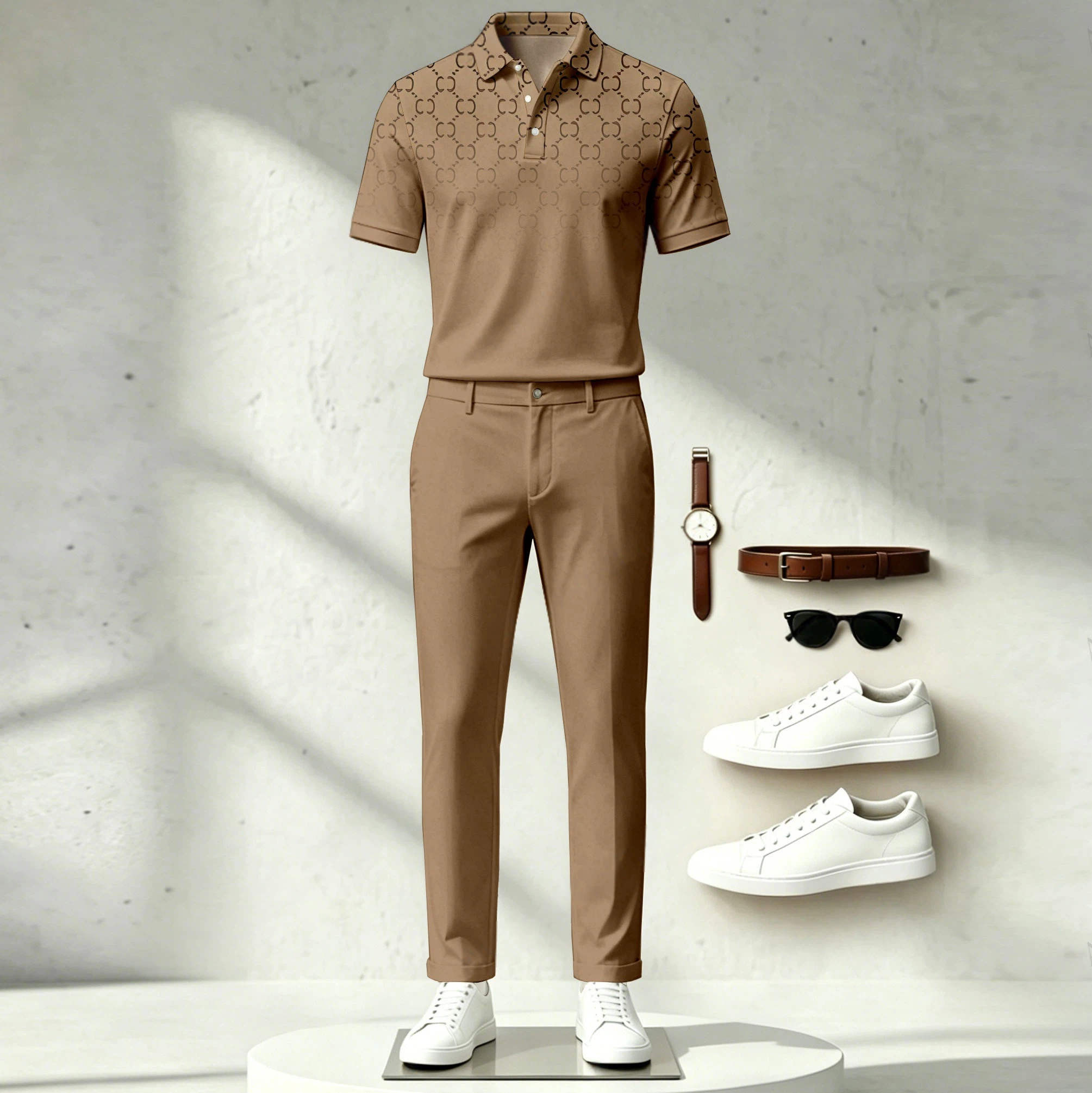 Men's Casual Brown Plaid Printed Polo Shirt And Pants Two-Piece Set