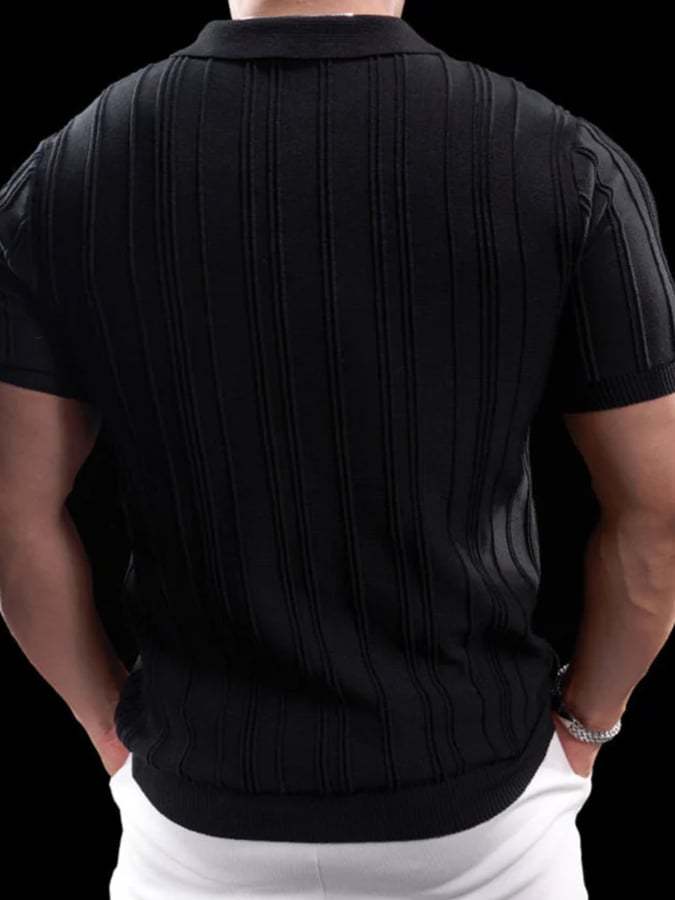 Men's Solid Color Knitted Jacquard Zipper Polo T-Shirt
