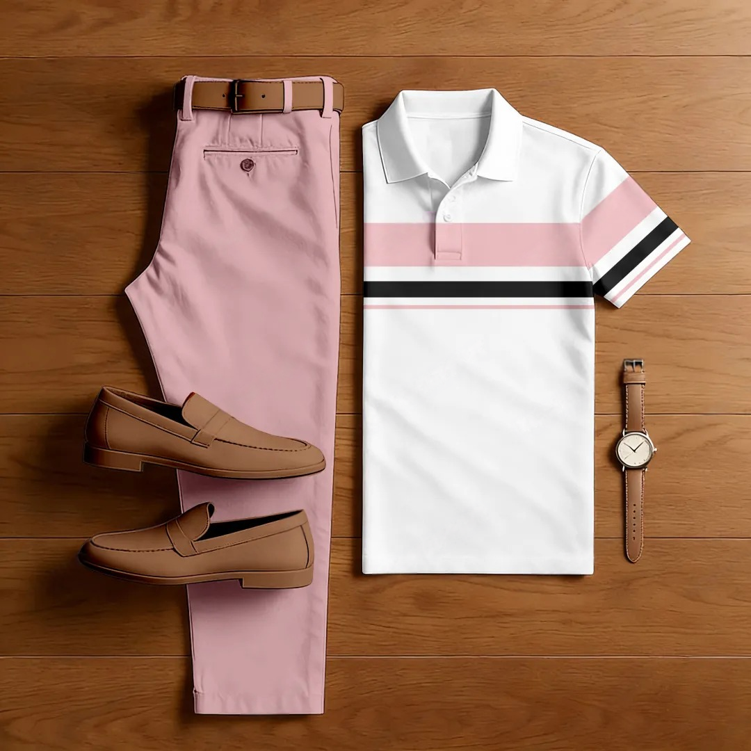 Men's Pink & White Casual Color Matching Striped Printed Short Sleeved Polo Shirt & Trousers Two-Piece Set