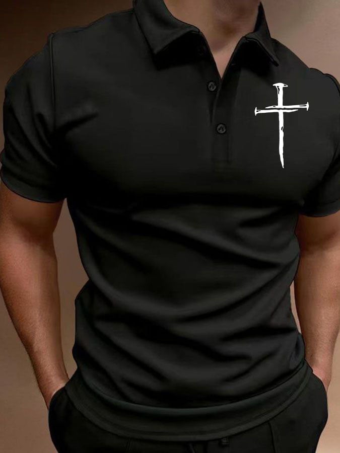 Men's Casual Cross Print Button Collar Polo Top