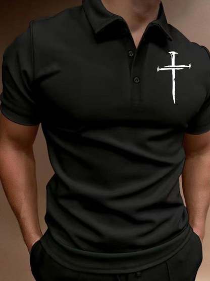 Men's Casual Cross Print Button Collar Polo Top