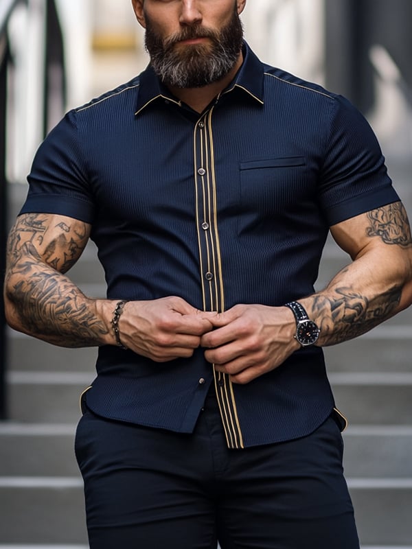 Men's Business Stripe Printed Pocket Short Sleeve Shirt