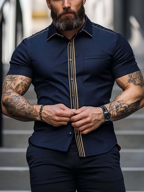 Men's Business Stripe Printed Pocket Short Sleeve Shirt