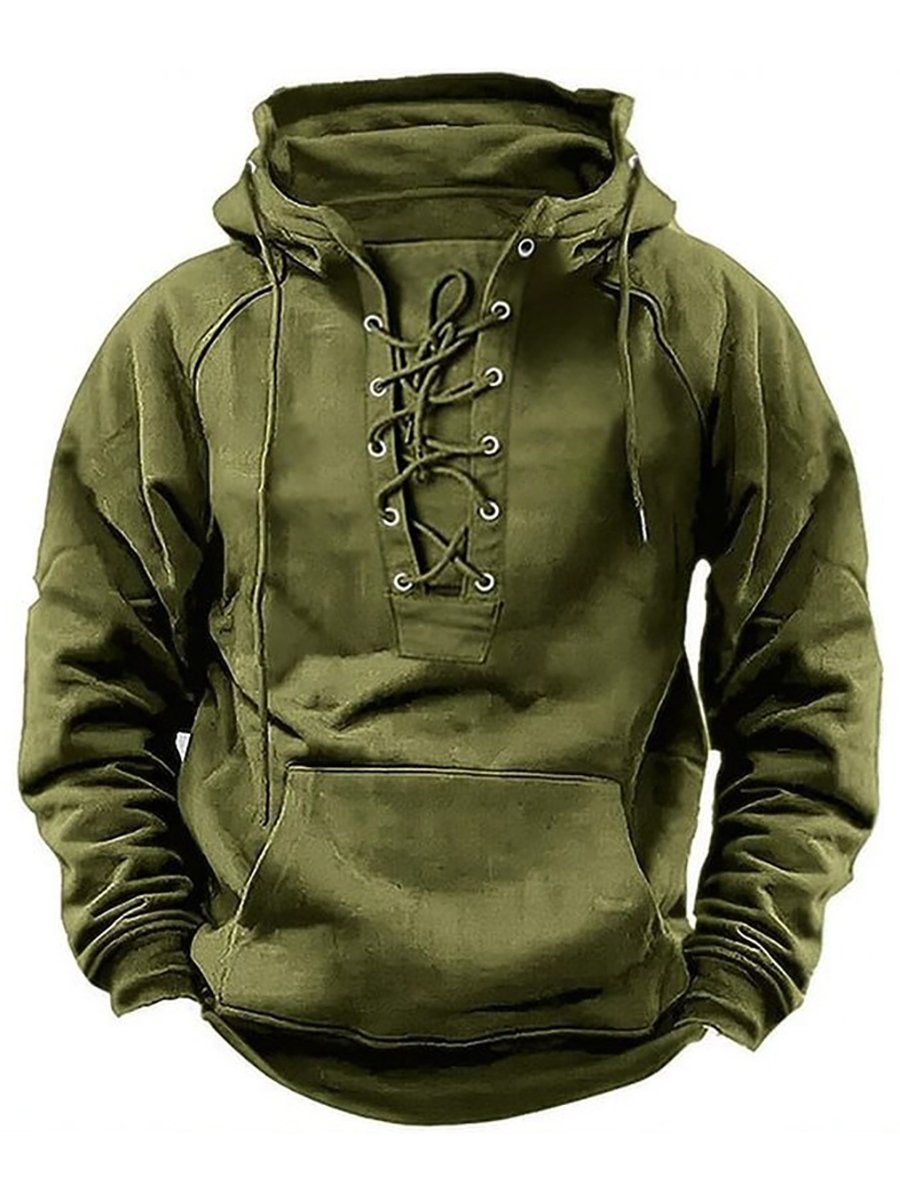Men's Casual Tie-Strap Raglan Sleeve Pocket Hoodie