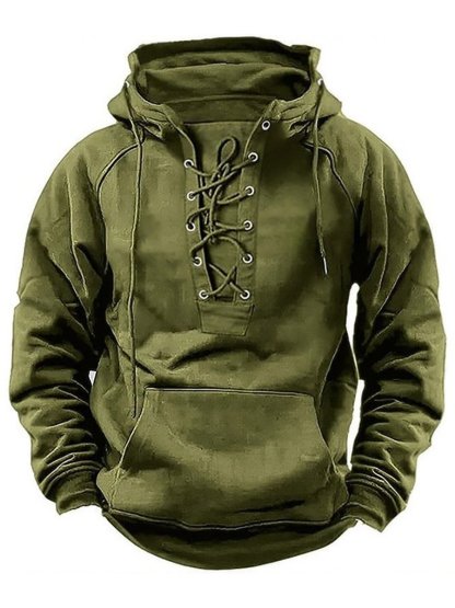 Men's Casual Tie-Strap Raglan Sleeve Pocket Hoodie