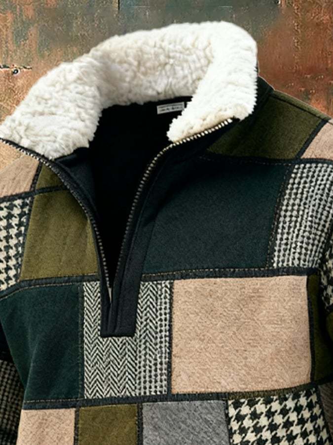 Men's Retro Color Block Print Casual Fur Collar Sweatshirt