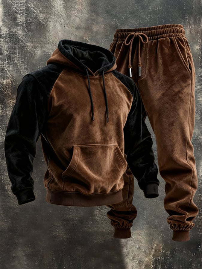 Men's Retro Stitching Contrast Color Hooded Casual Sweatshirt Suit