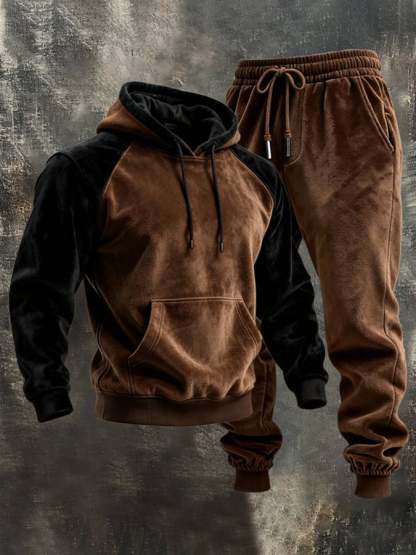 Men's Retro Stitching Contrast Color Hooded Casual Sweatshirt Suit