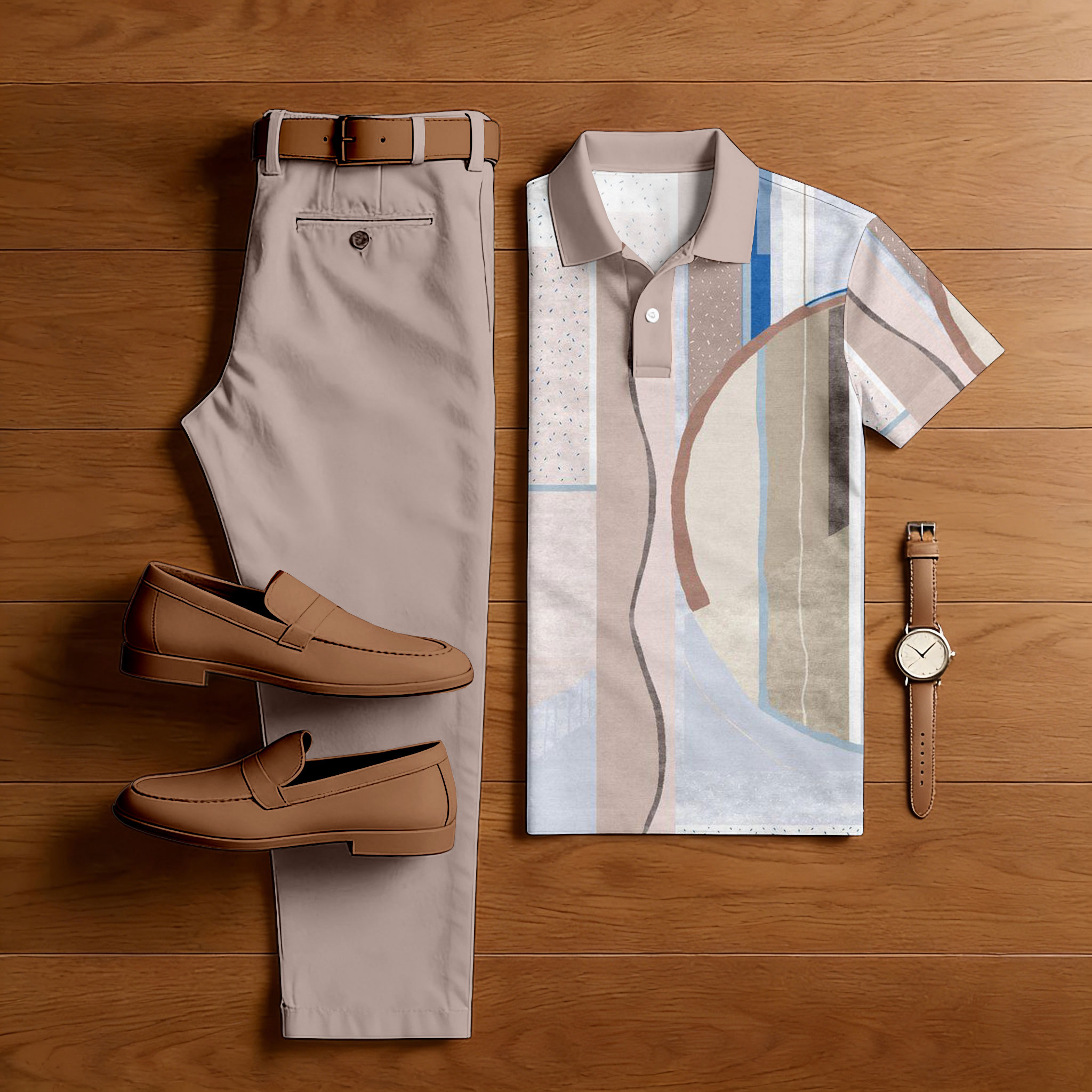 Men's Casual Pink & Multi Color Matching Printed Short Sleeved Polo Shirt & Trousers Two-Piece Set