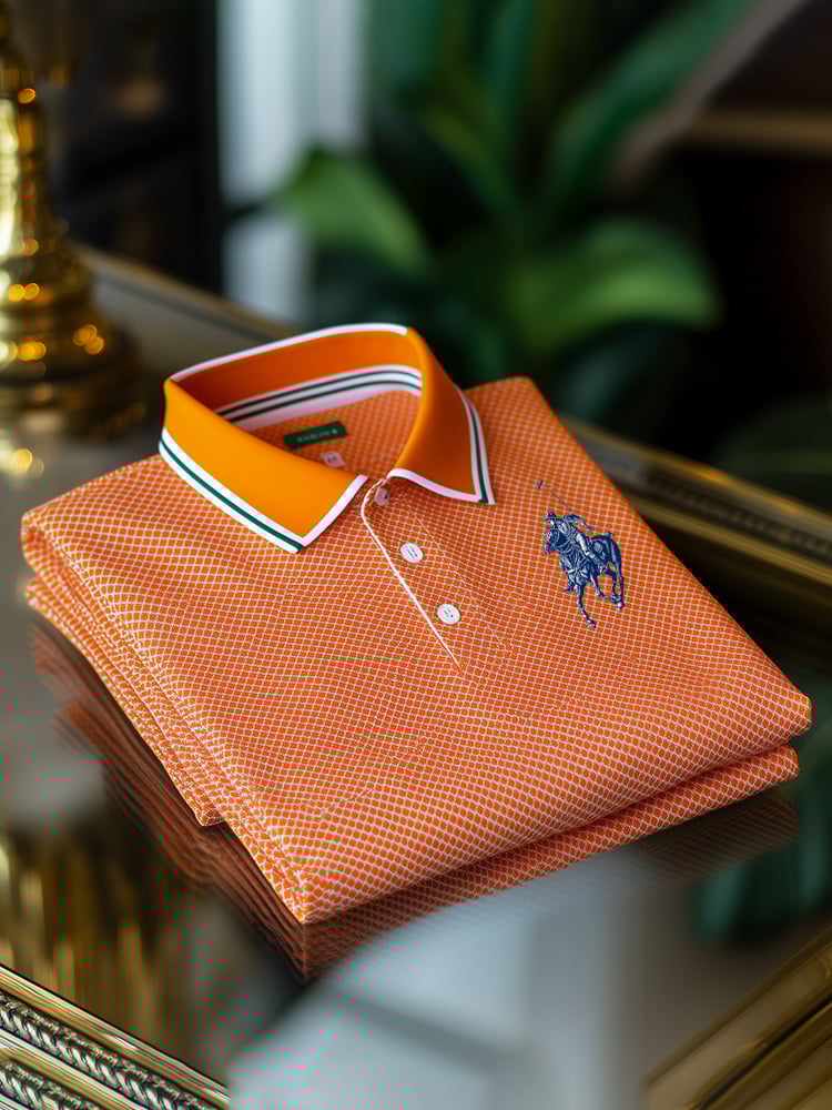 Men's Classic Business Check Logo Button Short Sleeve Polo Shirt