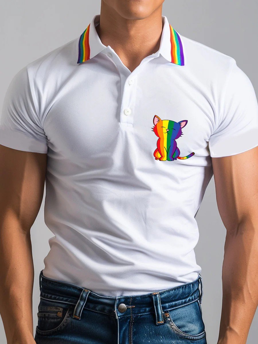 Men's Rainbow Cat Printed Casual POLO Shirt