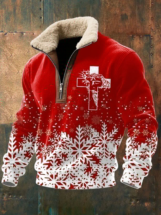 Men's Retro Christmas Nativity Cross Print Zipper Fur Collar Long-Sleeve Sweatshirt