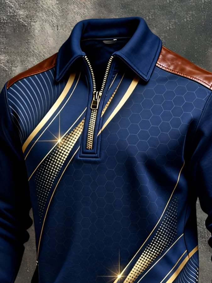 Men's Retro Color Block Print Color-Blocked Zip-Up Sweatshirt