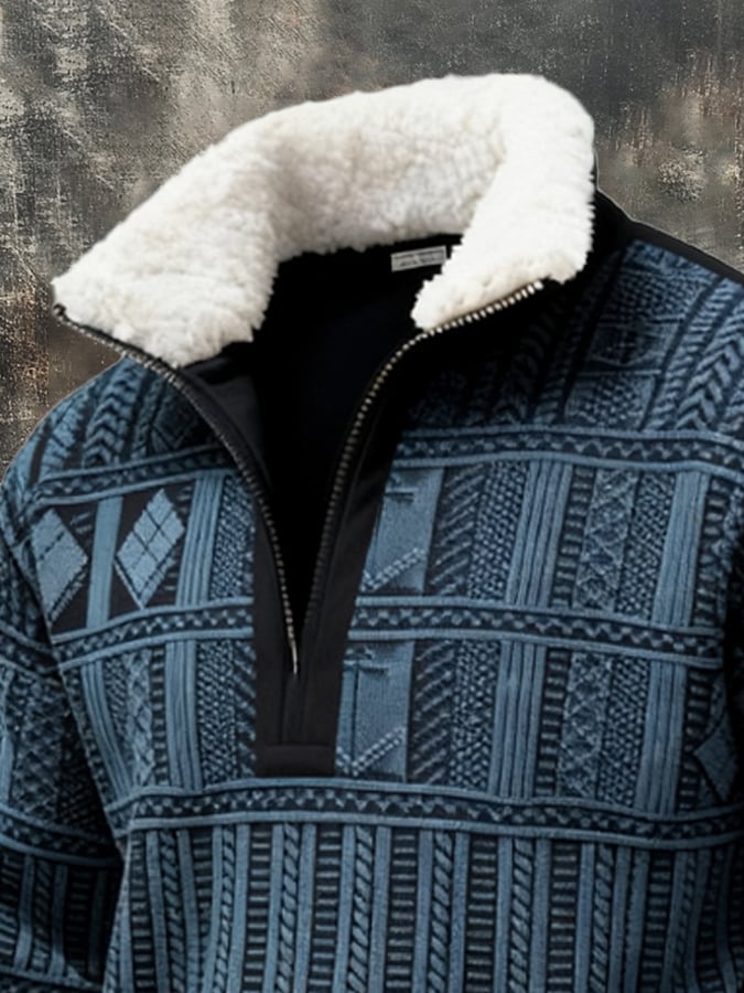 Men's Retro Color Block Print Casual Fur Collar Sweatshirt