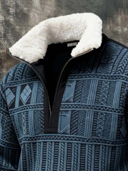 Men's Retro Color Block Print Casual Fur Collar Sweatshirt