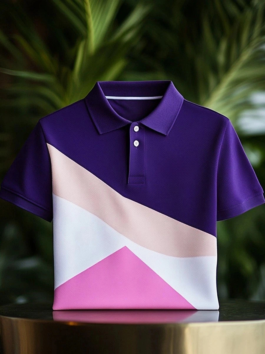 Men's Classic Business Colorblock Logo Button Short Sleeve Polo Shirt