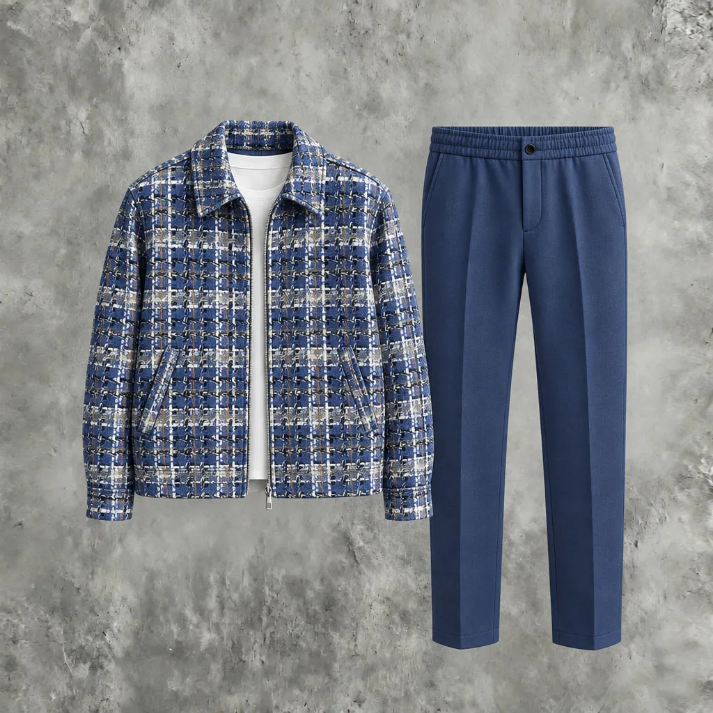 Men's Checkered Collared Zipper Jacket & Solid Pants Set
