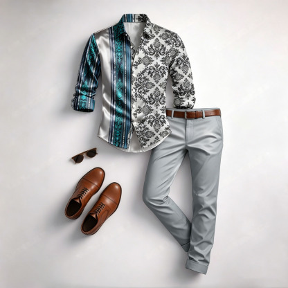 Men's Casual Green & White Color Matching Geometric Printed Long Sleeved Shirt & Trousers Two-Piece Set