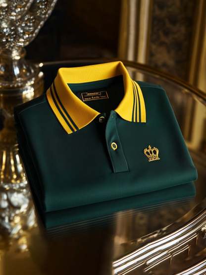 Men's Classic Business Check Logo Button Short Sleeve Polo Shirt