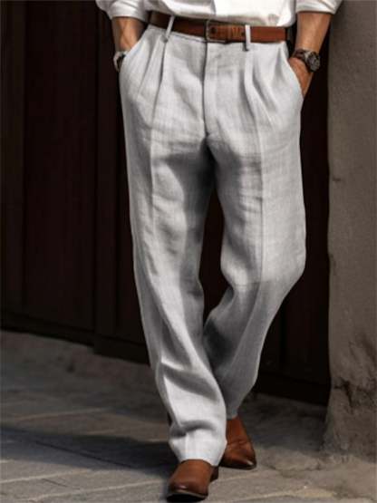 Men's Casual Solid Color Cotton And Linen Resort Straight Trousers