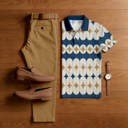 Men's Casual Tan & Blue Color Matching Retro Style Printed Short Sleeved Polo Shirt & Trousers Two-Piece Set