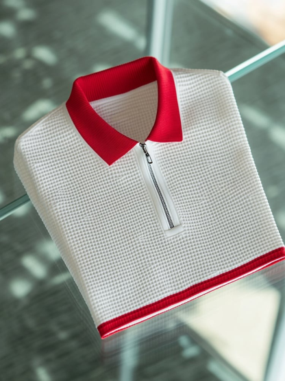 Men's Business Casual Logo Waffle Zip-Up Short Sleeve Polo