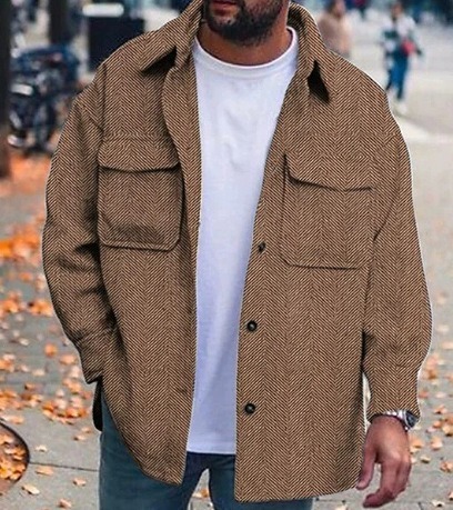 Men's Stylish Herringbone Print Pocket Button Lapel Jacket