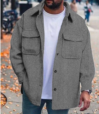Men's Stylish Herringbone Print Pocket Button Lapel Jacket