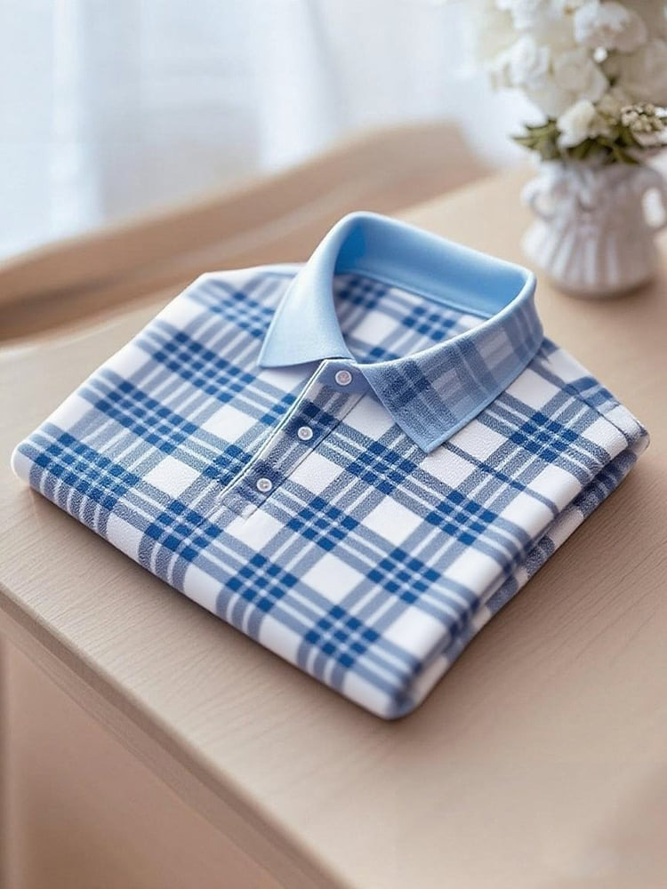 Men's Business Casual Blue Plaid Button-Down Short Sleeve Polo Shirt