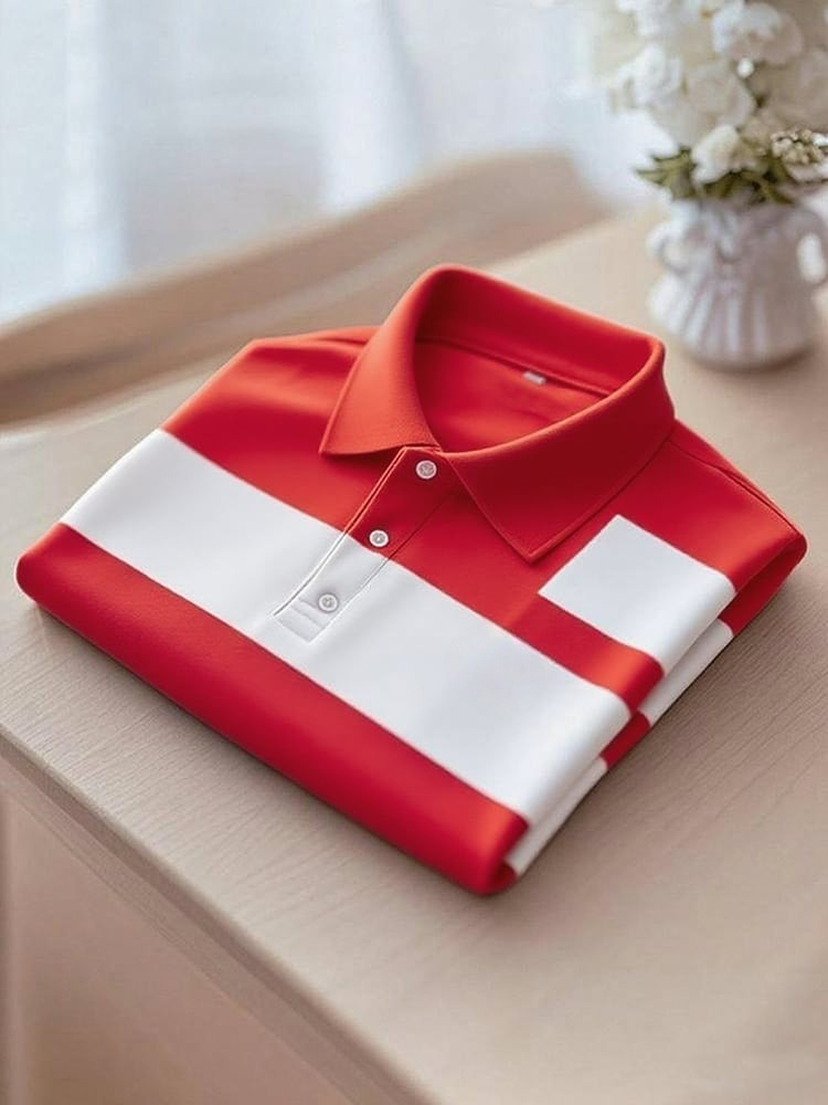 Men's Business Casual Red Color Block Logo Button Short Sleeve Polo Shirt