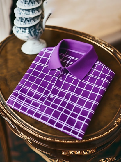 Men's Classic Business Purple and White Striped Logo Button Short Sleeve Polo Shirt