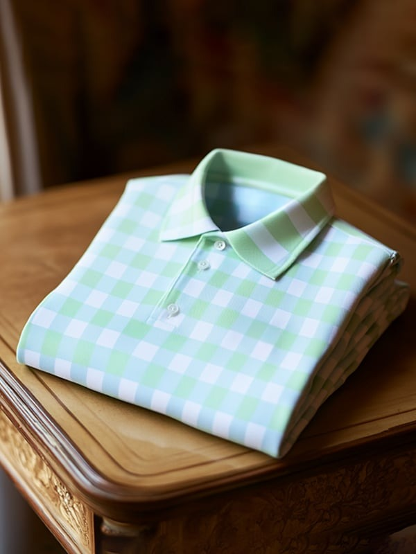 Men's Classic Business Green and White Striped Logo Button Short Sleeve Polo Shirt