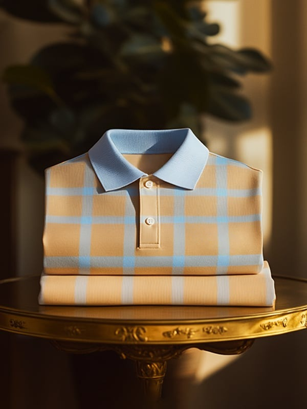 Men's Classic Business Blue and Yellow Striped Logo Button Short Sleeve Polo Shirt