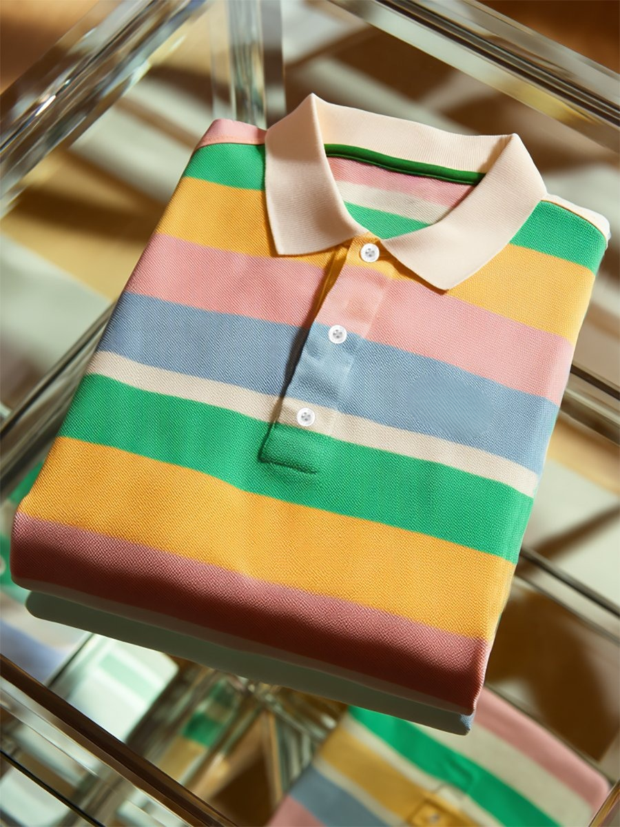 Men's Business Casual Stripe Art Button Short Sleeve Polo Shirt