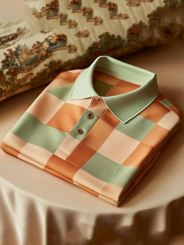 Men's Classic Business Check Logo Button Short Sleeve Polo Shirt