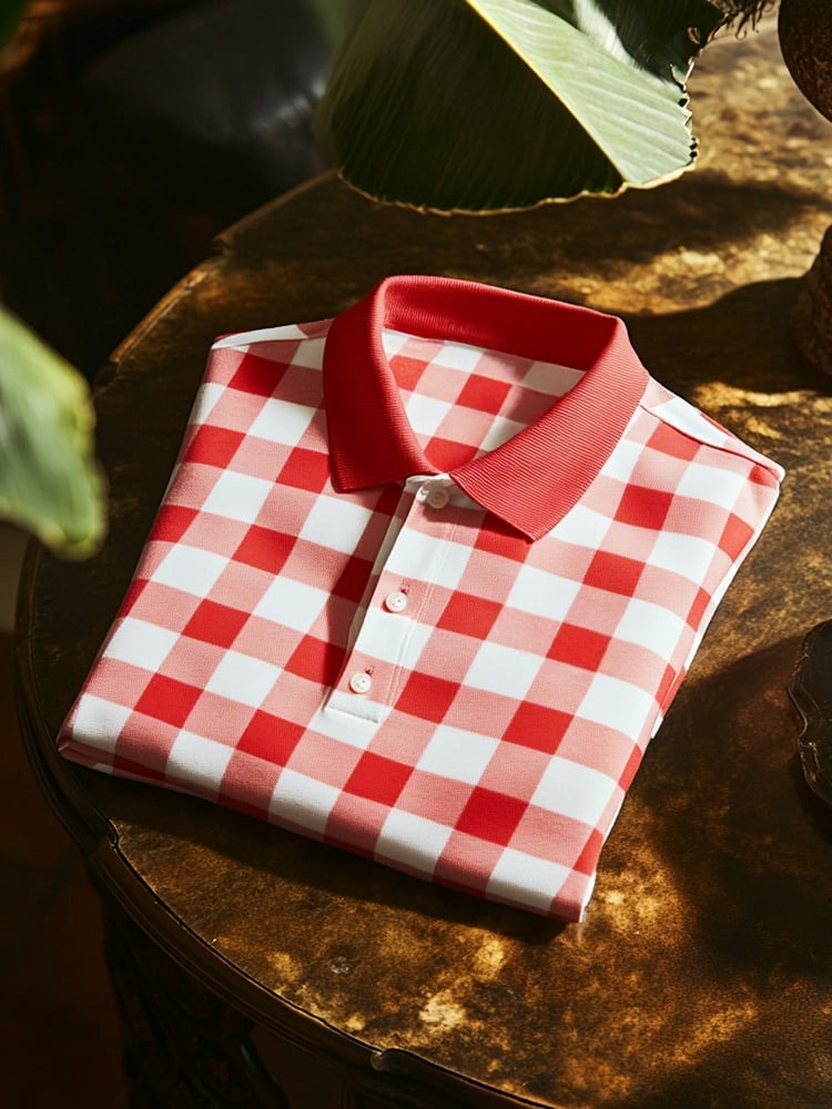 Men's Classic Business Check Logo Button Short Sleeve Polo Shirt