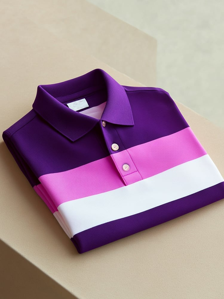 Men's Business Casual Purple Pink Stripe Logo Button Short Sleeve Polo