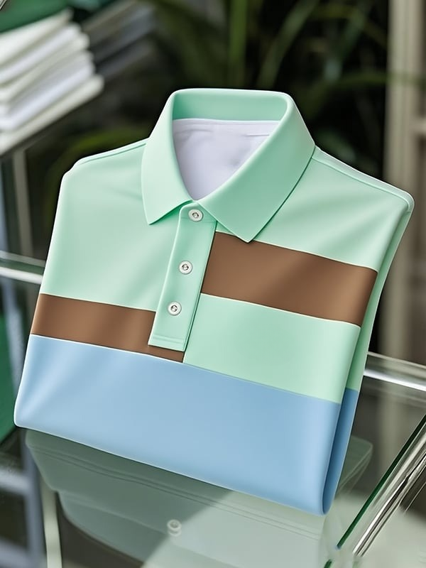 Men's Classic Business Colorblock Logo Button Short Sleeve Polo Shirt