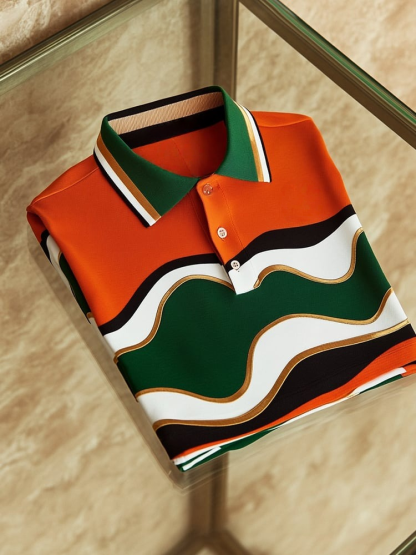 Men's Fashion Casual Wave Logo Button Short Sleeve Polo Shirt