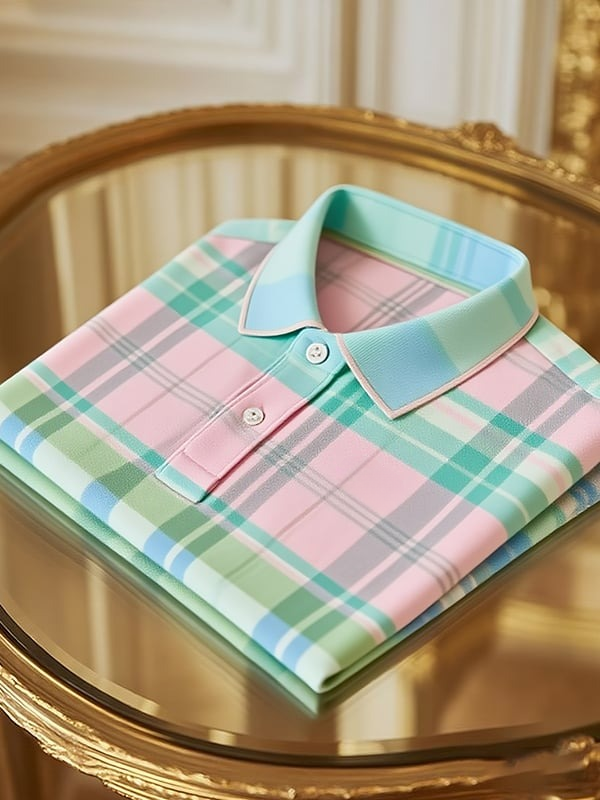Men's Classic Business Check Logo Button Short Sleeve Polo Shirt