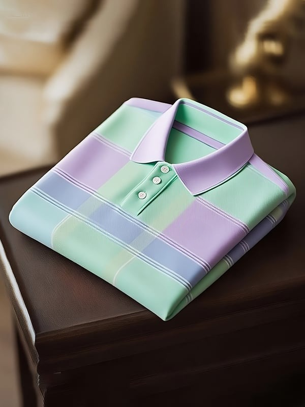 Men's Classic Business Check Logo Button Short Sleeve Polo Shirt