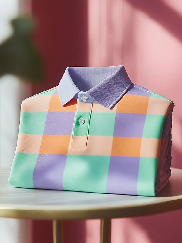 Men's Classic Business Stripe Plaid Logo Button Short Sleeve Polo Shirt